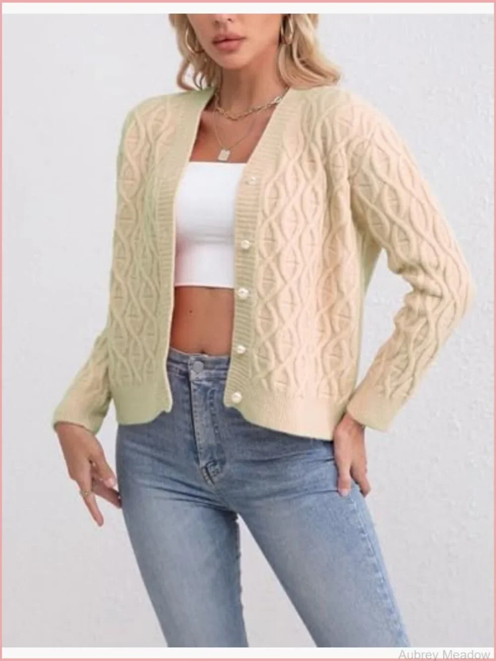 Women Cropped V-Neck Cable Knit Cardigan Sweater Long Sleeve Pearl Button Down